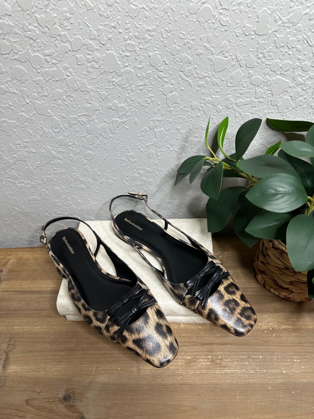 Reformation square toe, black and tan leopard print sling back flats NWOT SZ 8.5 - Picture 3 of 15